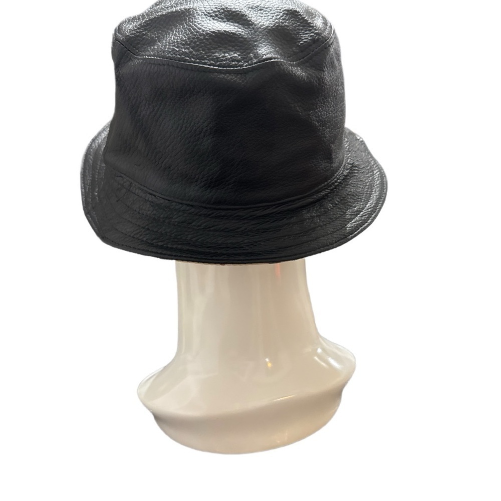 Black Leather Bucket Hat with Plaid Trim
(REVERSIBLE) - Picture 3 of 5